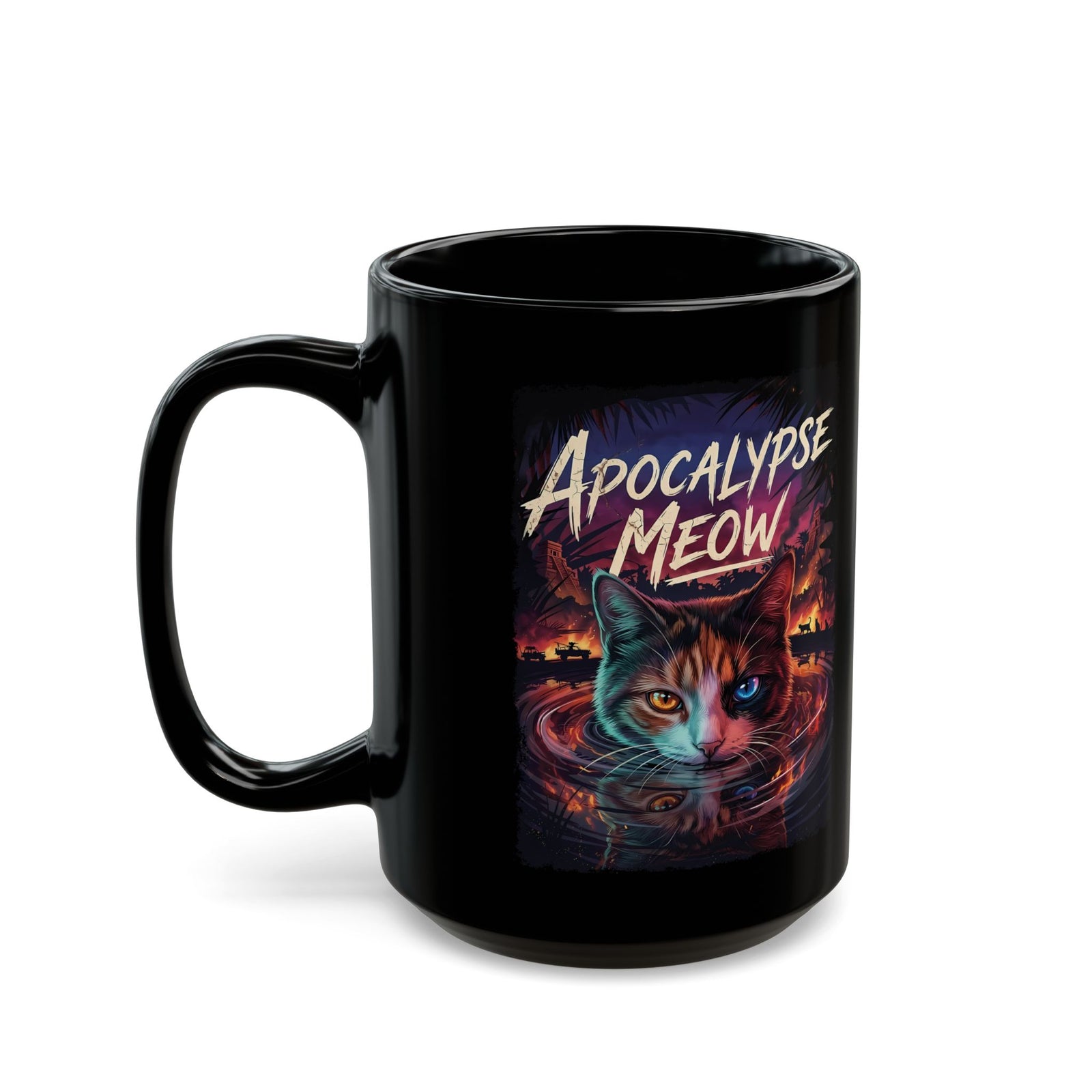 Apocalypse Meow Black Mug — Cute Post-Apocalyptic Cat Graphic Mug
