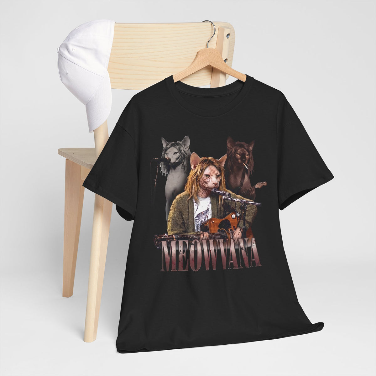 Meowvana Grunge Cat Band T-Shirt — Funny 90s Rock Sphynx Cat Tee