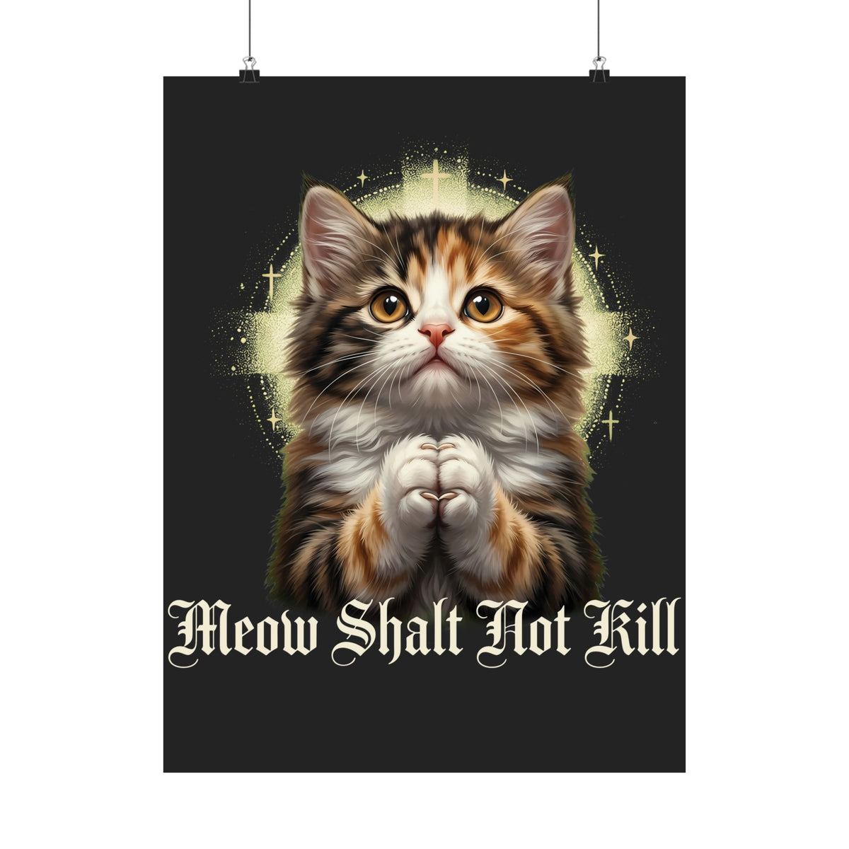 Praying Kitten T‑Poster — "Meow Shalt Not Kill" Cute Vintage Cat Poster