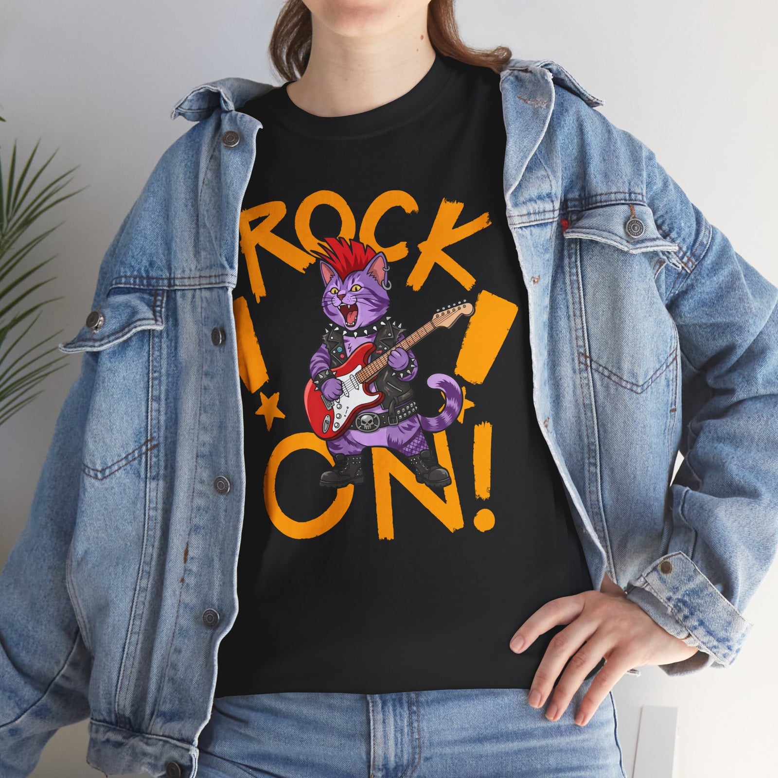 Rock On Punk Rock Cat T-Shirt — Purple Feline Mohawk Electric Guitar Tee