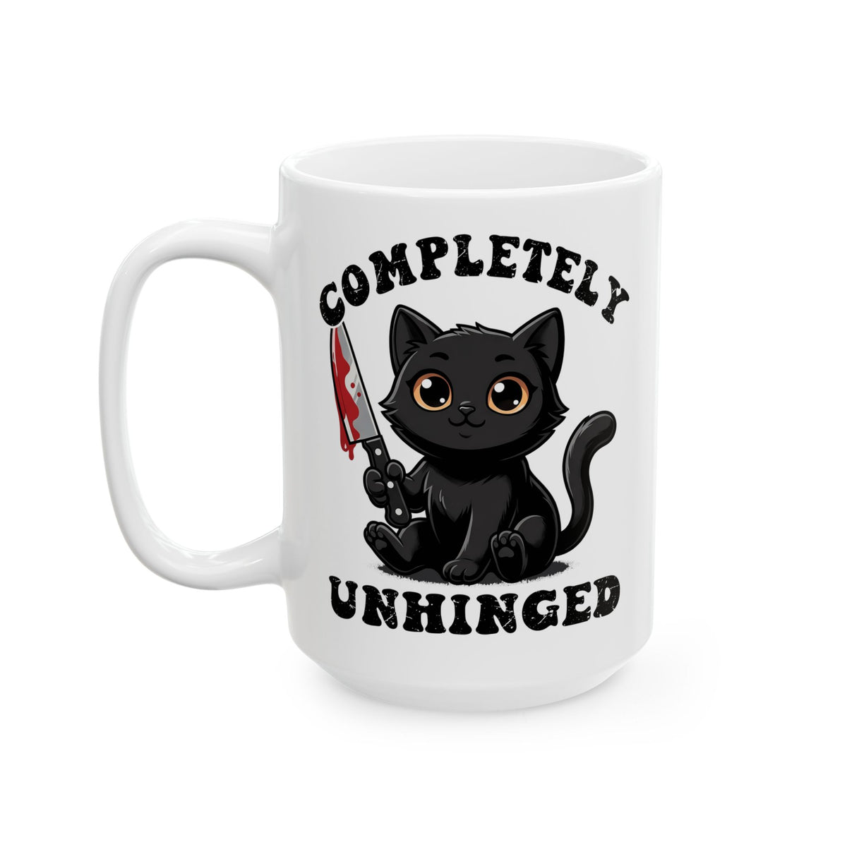 Completely Unhinged Black Cat Ceramic Mug — Funny Cute Psycho Knife Mug