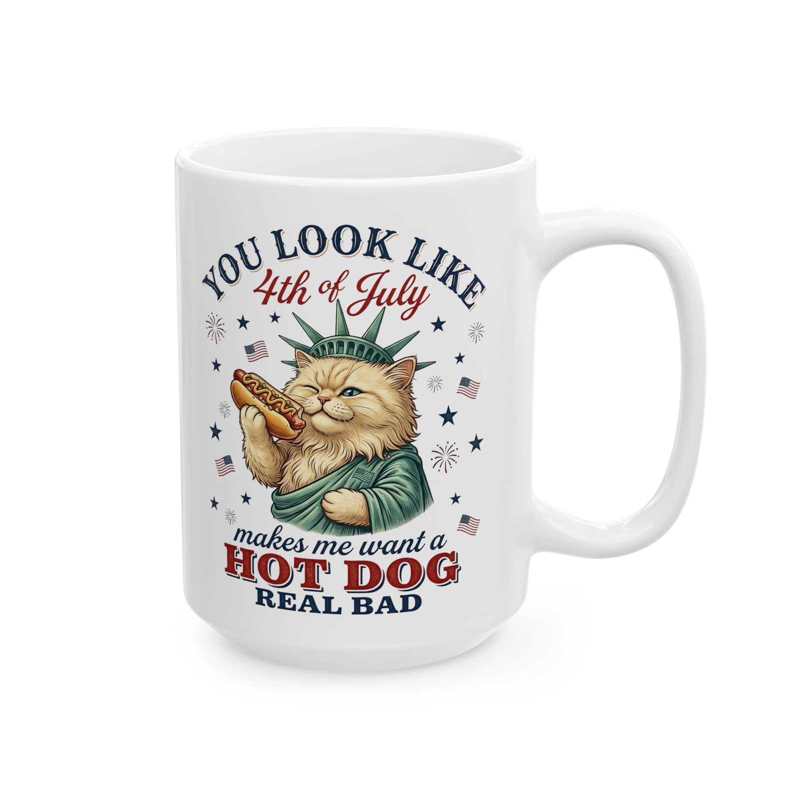4th of July Cat & Hot Dog Ceramic Mug — Patriotic Fourth of July Mug