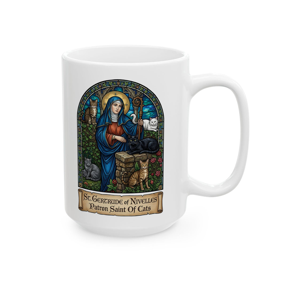 Saint Gertrude of Nivelles Cat Patron Ceramic Mug — Patron Saint of Cats Mug