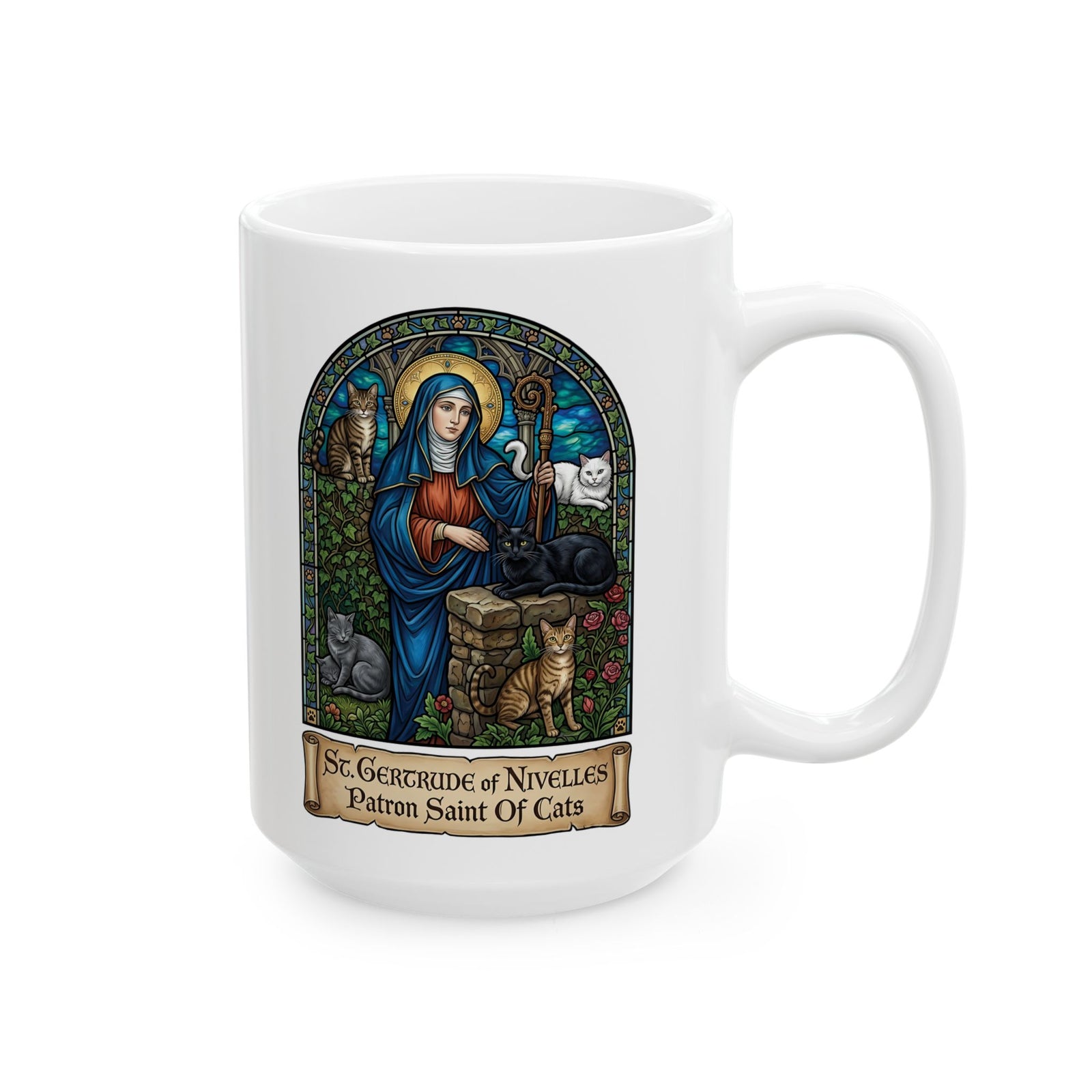 Saint Gertrude of Nivelles Cat Patron Ceramic Mug — Patron Saint of Cats Mug