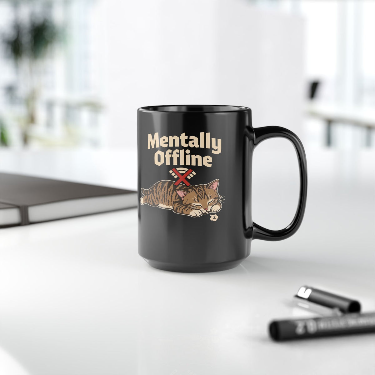 Lazy Cat 'Mentally Offline' Black Mug
