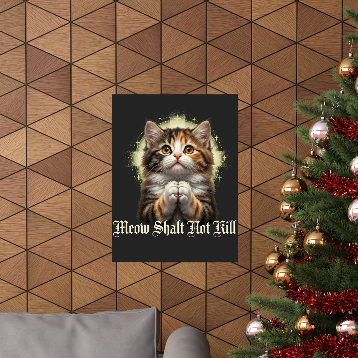 Praying Kitten T‑Poster — "Meow Shalt Not Kill" Cute Vintage Cat Poster