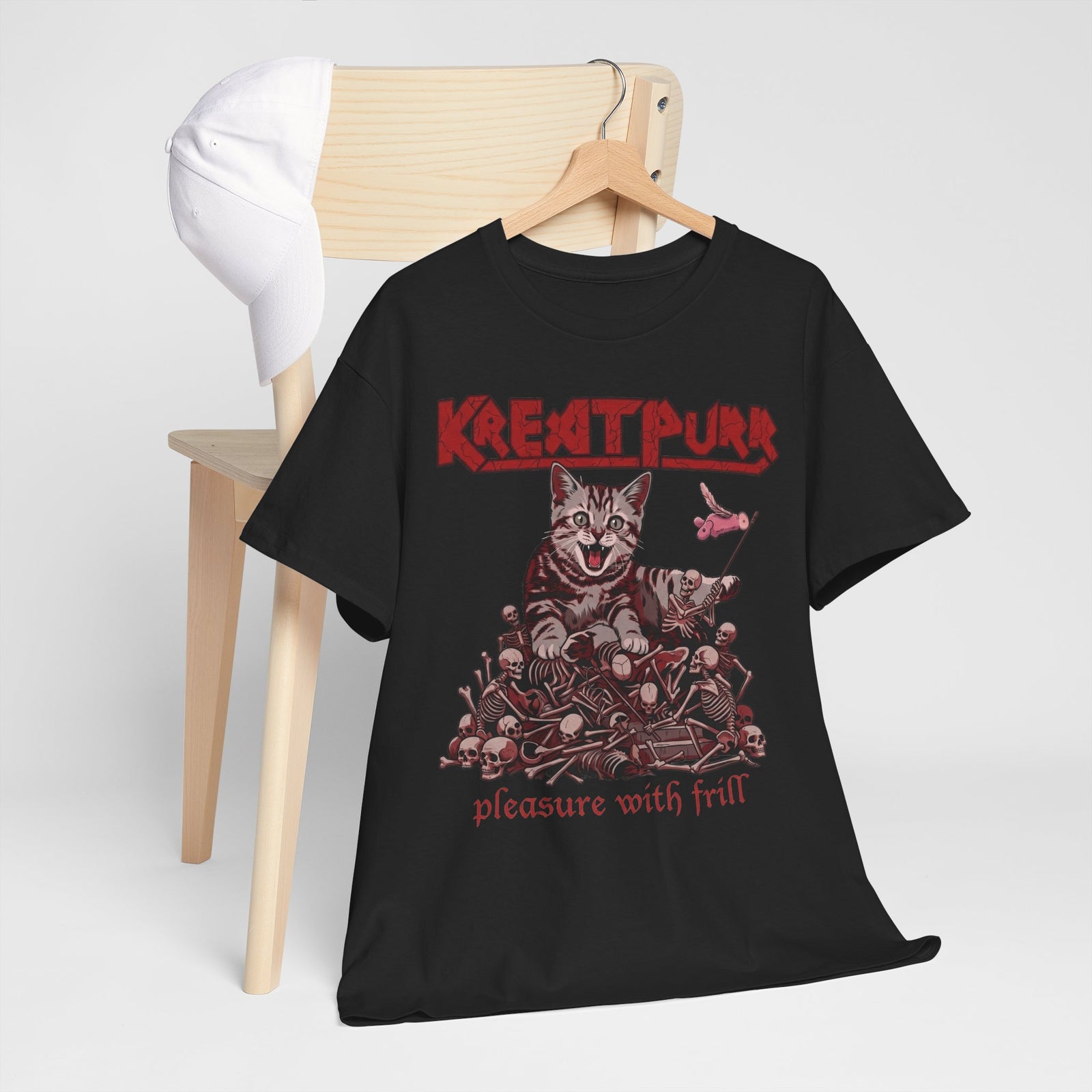 Metal Band Cat Tee — "Krentipurr: Pleasure With Frill" Graphic T-Shirt