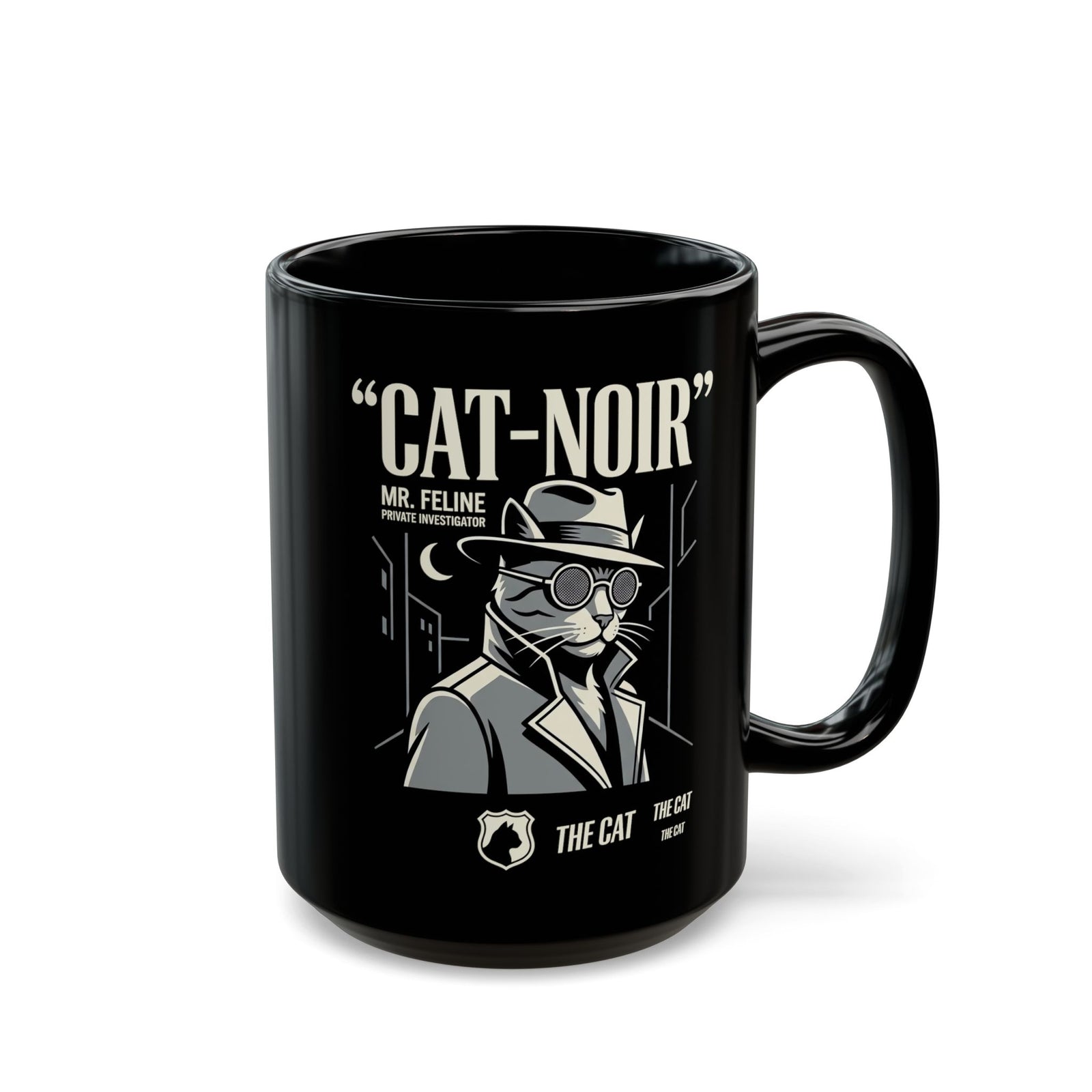 Detective Cat Black Mug — Vintage Noir Graphic Mug