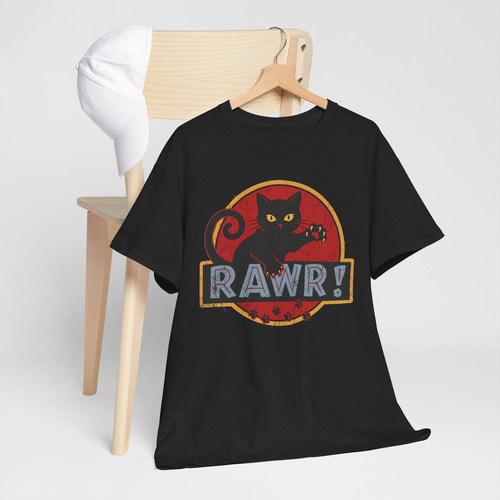 RAWR! Black Cat Graphic Tee — Vintage Dino Logo Parody T-Shirt