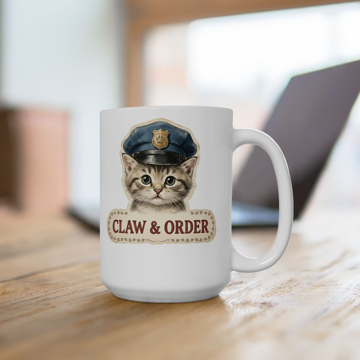 Claw and Order Cat Ceramic Mug — Funny Cat Crime Pun Mug
