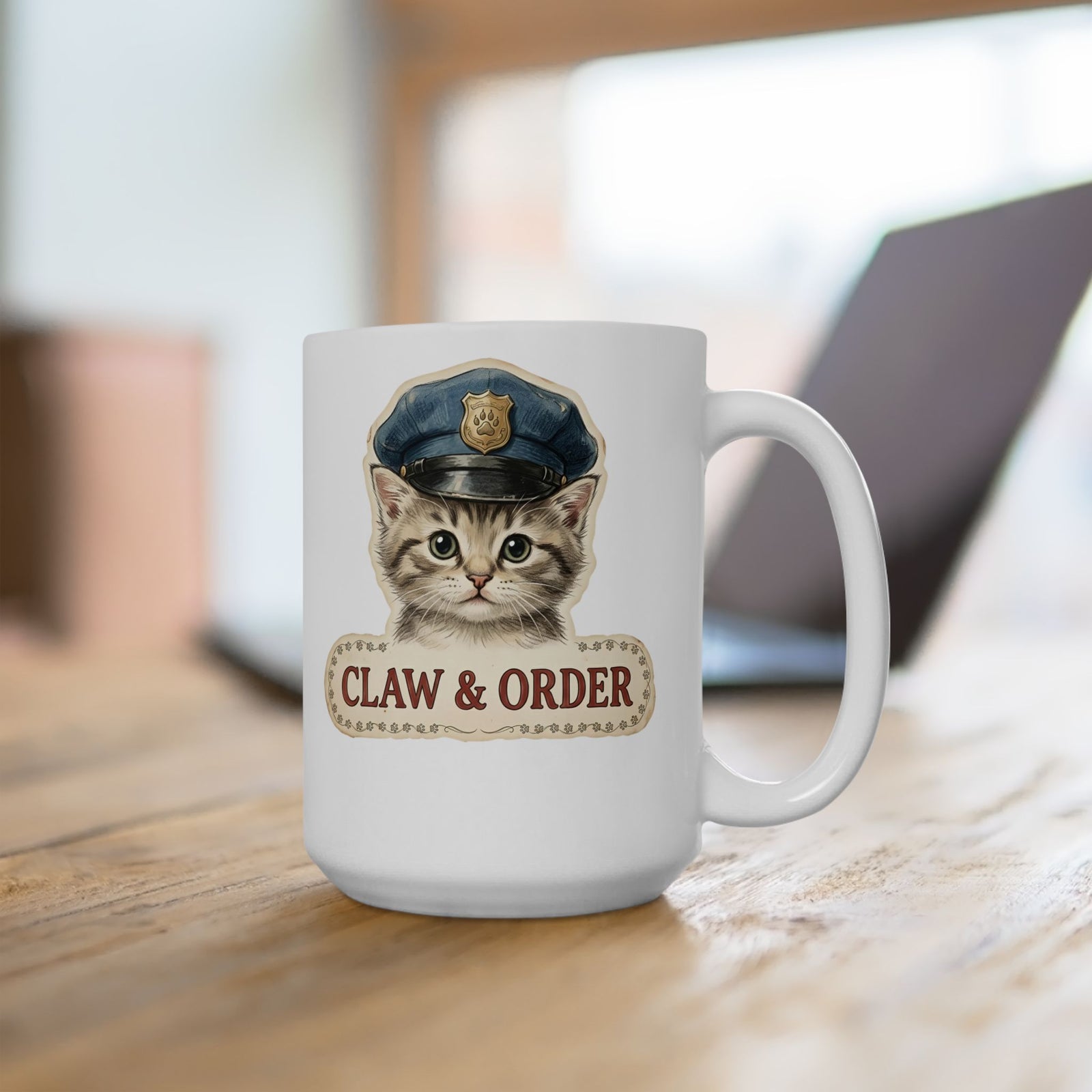 Claw and Order Cat Ceramic Mug — Funny Cat Crime Pun Mug