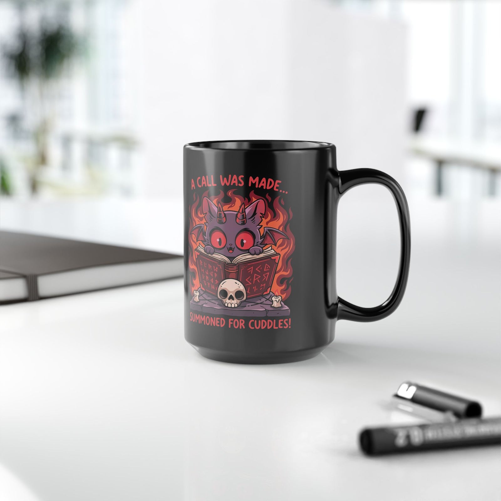 Summoned for Cuddles Cat Black Mug — "A Call Was Made" Cute Cat Mug