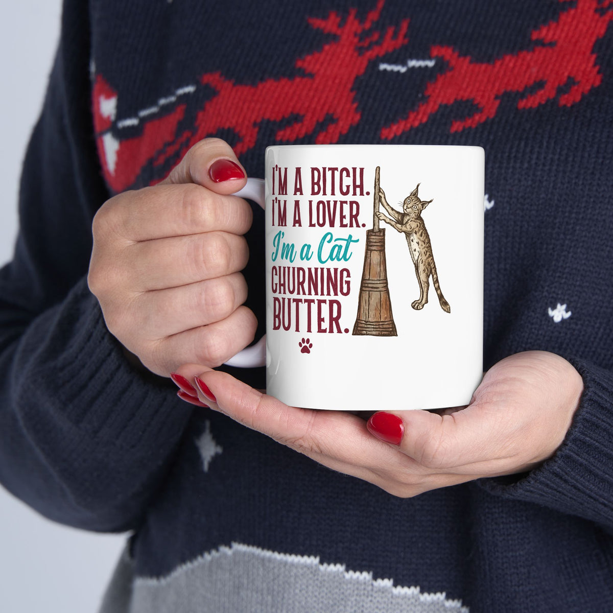 “I'm a Cat Churning Butter” Ceramic Mug — Funny Whimsical Cat Mug