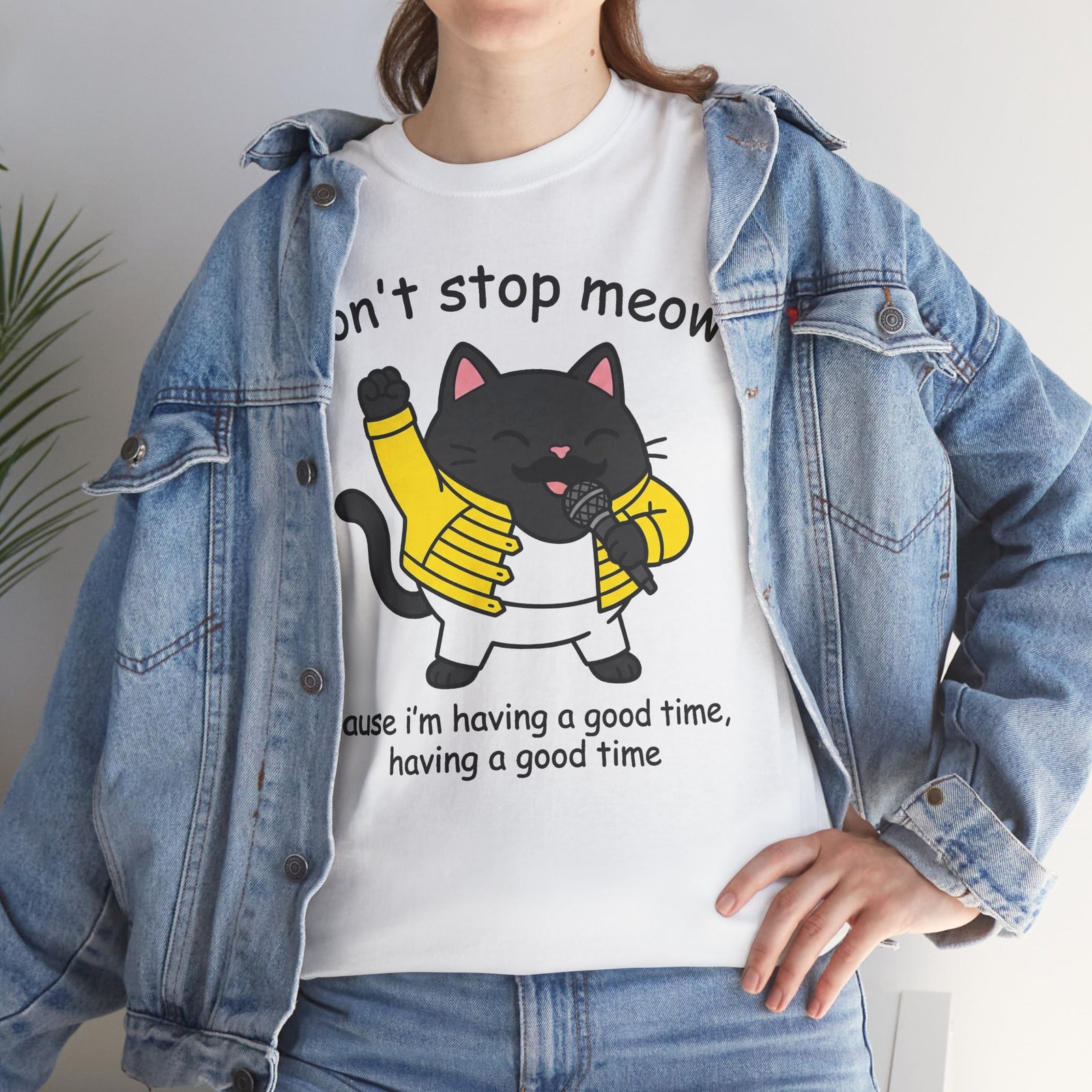 Cat T‑Shirt — "Don't Stop Meow" Cute Black Cat Singing Graphic Tee