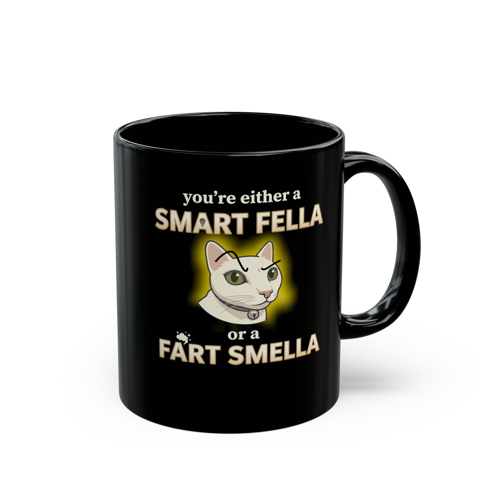 Funny Cat Mug — "You're Either a Smart Fella or a Fart Smella"