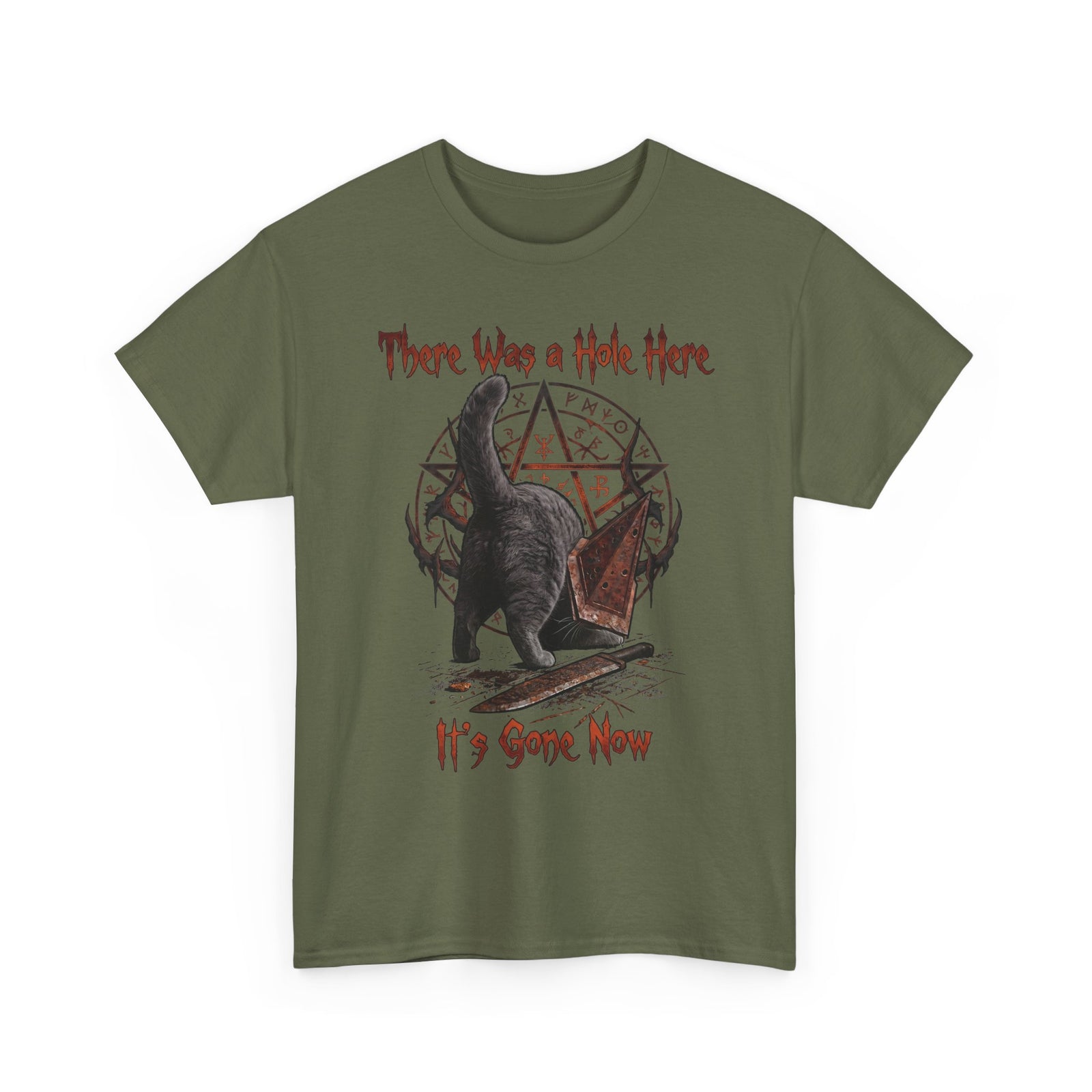 There Was A Hole Here Pyramid Head Cat T-Shirt — Silent Hill Parody Gaming Tee