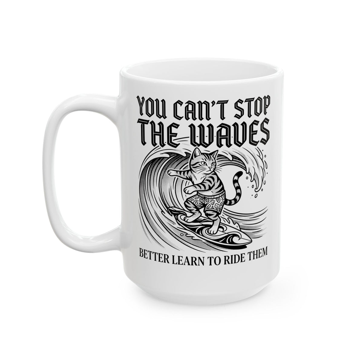 Vintage Surfer Cat Ceramic Mug — Monochrome Ocean Waves Graphic Mug