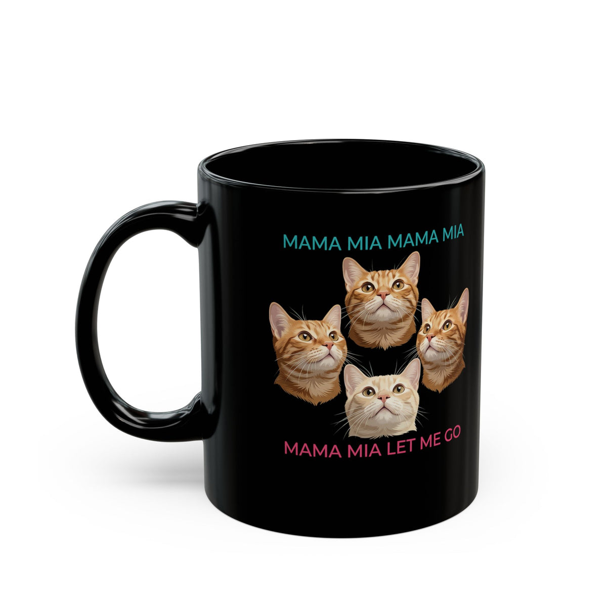 Funny Cat Rock Band Black Mug — "Mamma Mia Let Me Go" Parody