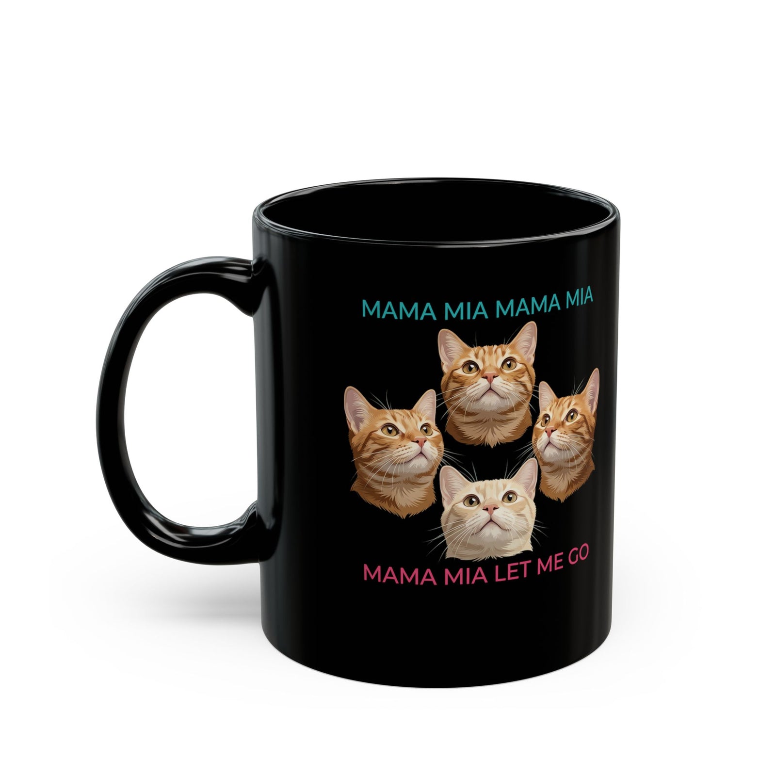 Funny Cat Rock Band Black Mug — "Mamma Mia Let Me Go" Parody