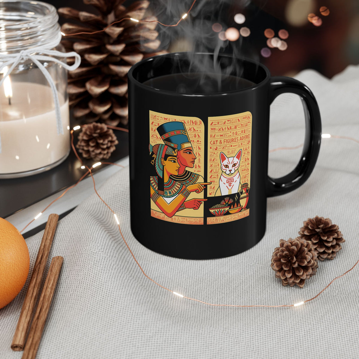 Egyptian Cat Meme Black Mug — Funny Ancient Egypt Cat Graphic Mug