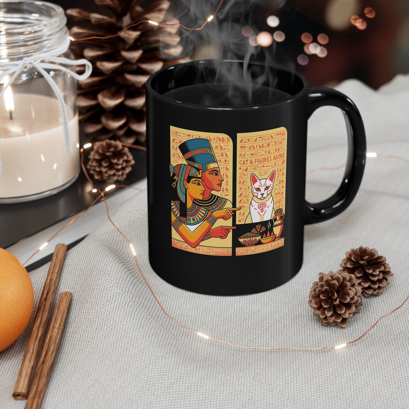Egyptian Cat Meme Black Mug — Funny Ancient Egypt Cat Graphic Mug