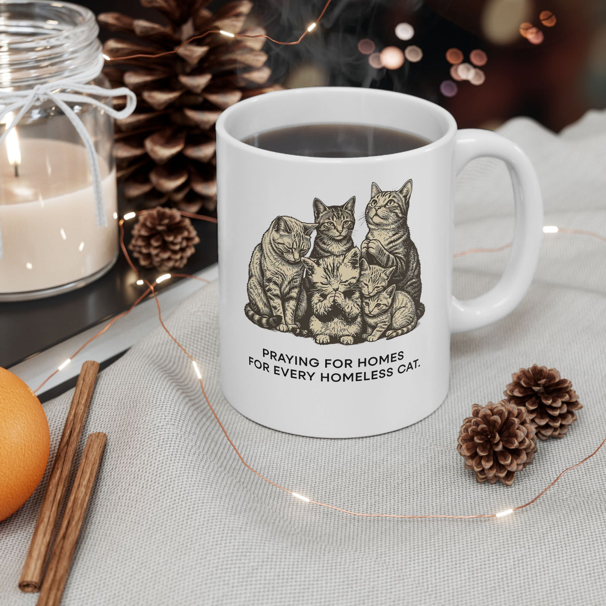 Cat Rescue Ceramic Mug — "Praying for Homes for Every Homeless Cat" Vintage Cat Rescue Mug