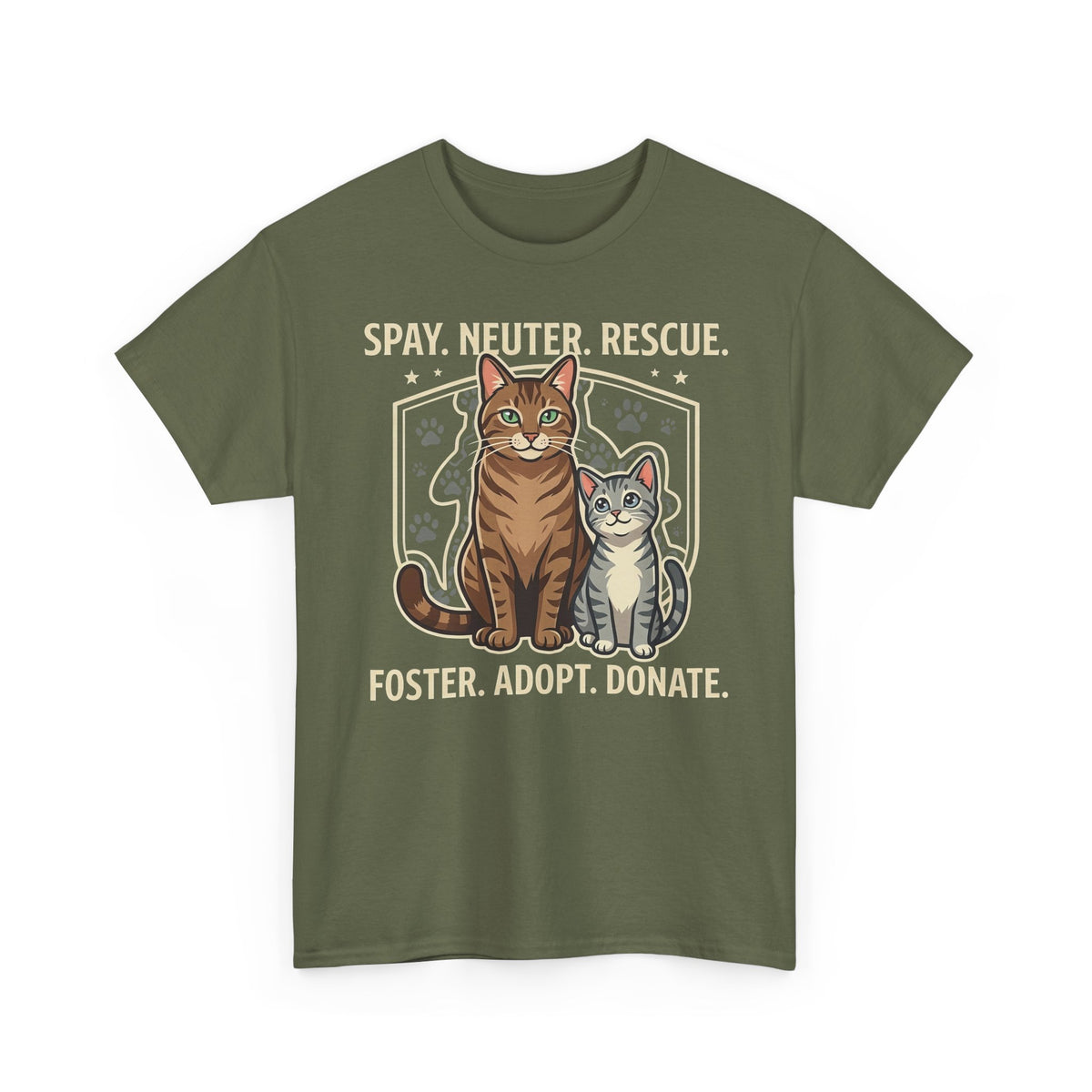 Cat Rescue T-Shirt - "Spay. Neuter. Rescue. Foster. Adopt. Donate." Animal Shelter Support Tee