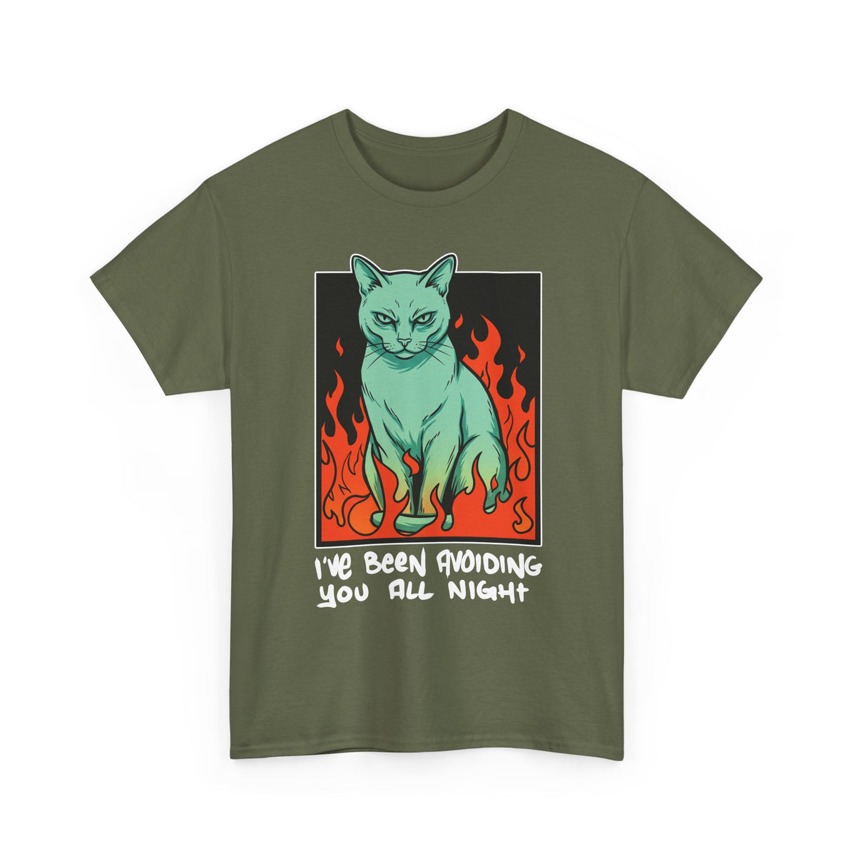 I've Been Avoiding You All Night T-Shirt — Funny Introvert Cat Flames Tee