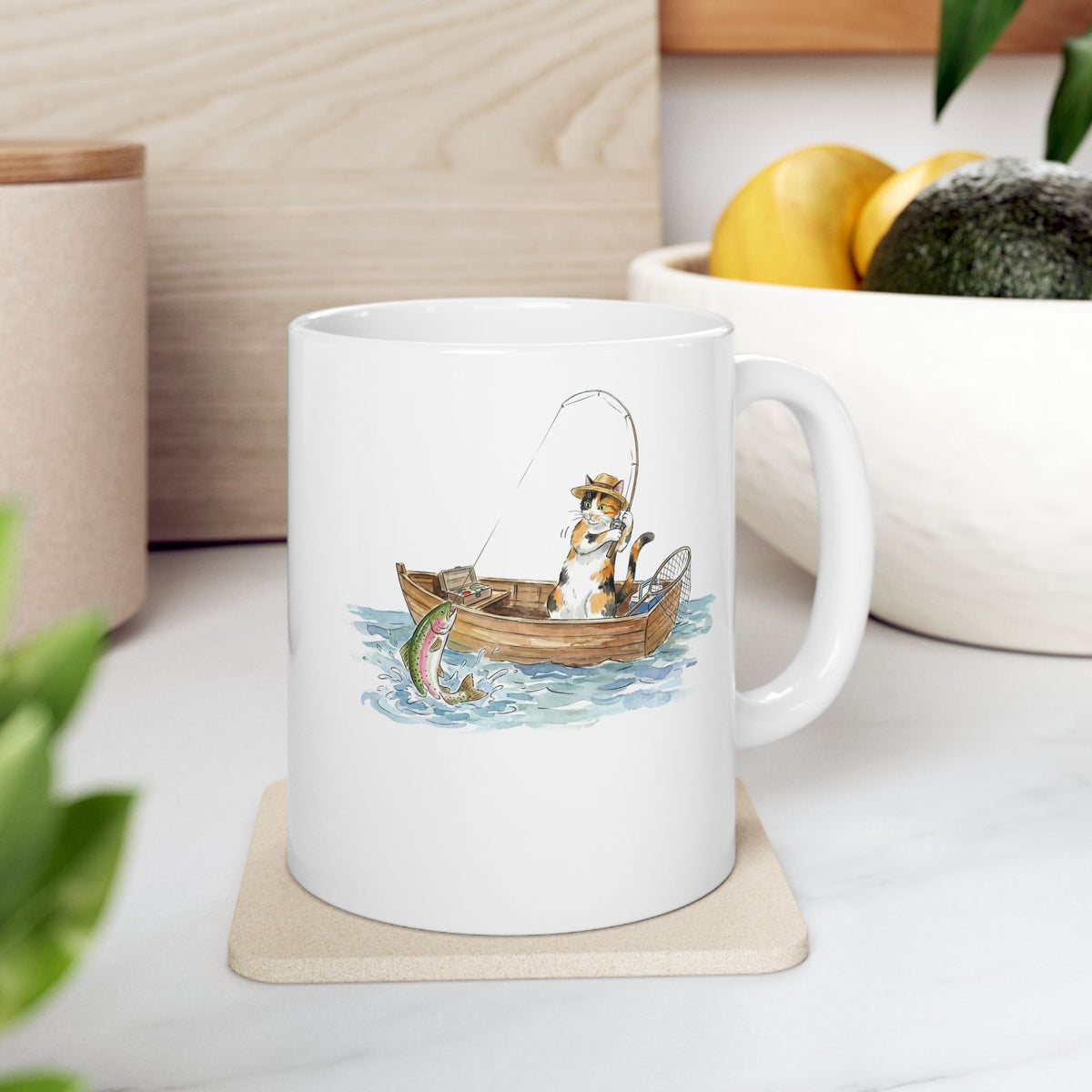 Cat Fishing Ceramic Mug — Funny Fishing Cat Graphic Mug