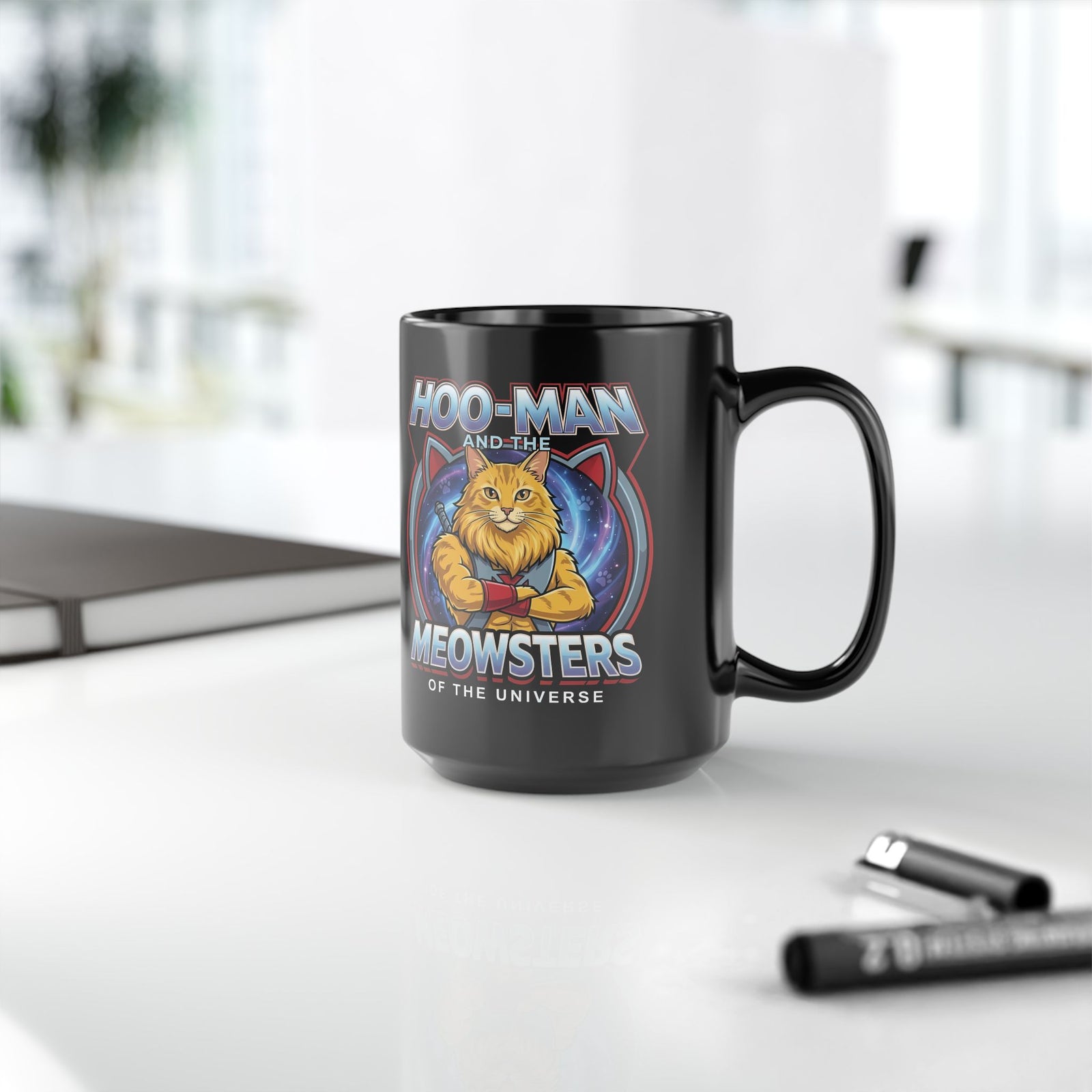Hoo-Man and the Meowsters of the Universe Black Mug