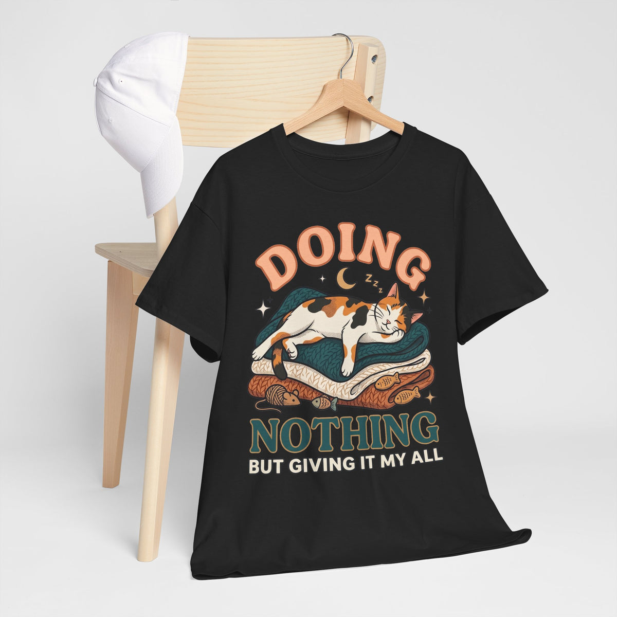 Doing Nothing Cat T‑Shirt Retro Calico Cat “Doing Nothing But Giving It My All” Graphic Tee