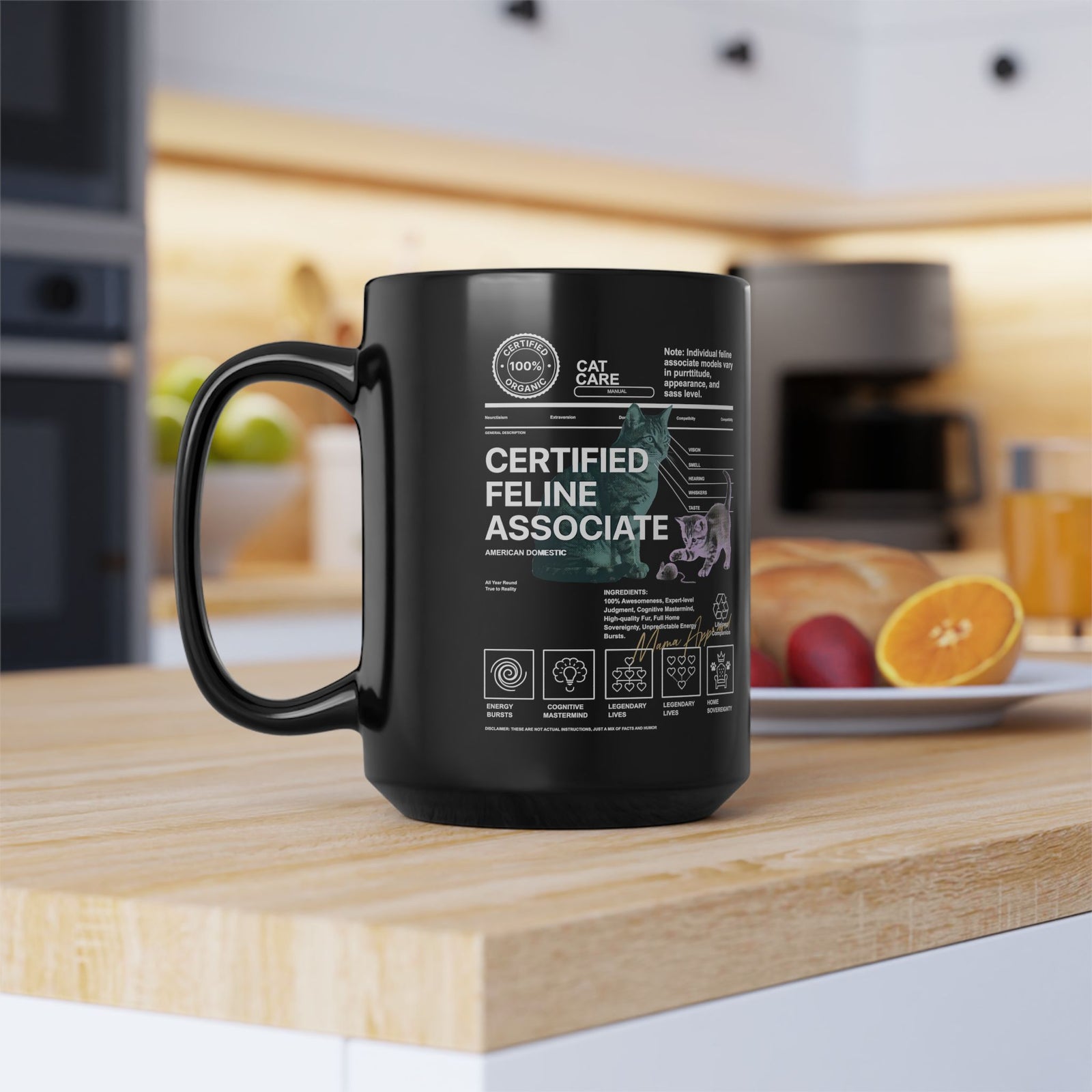 Certified Feline Associate Black Mug — Funny Cat Lover Mug