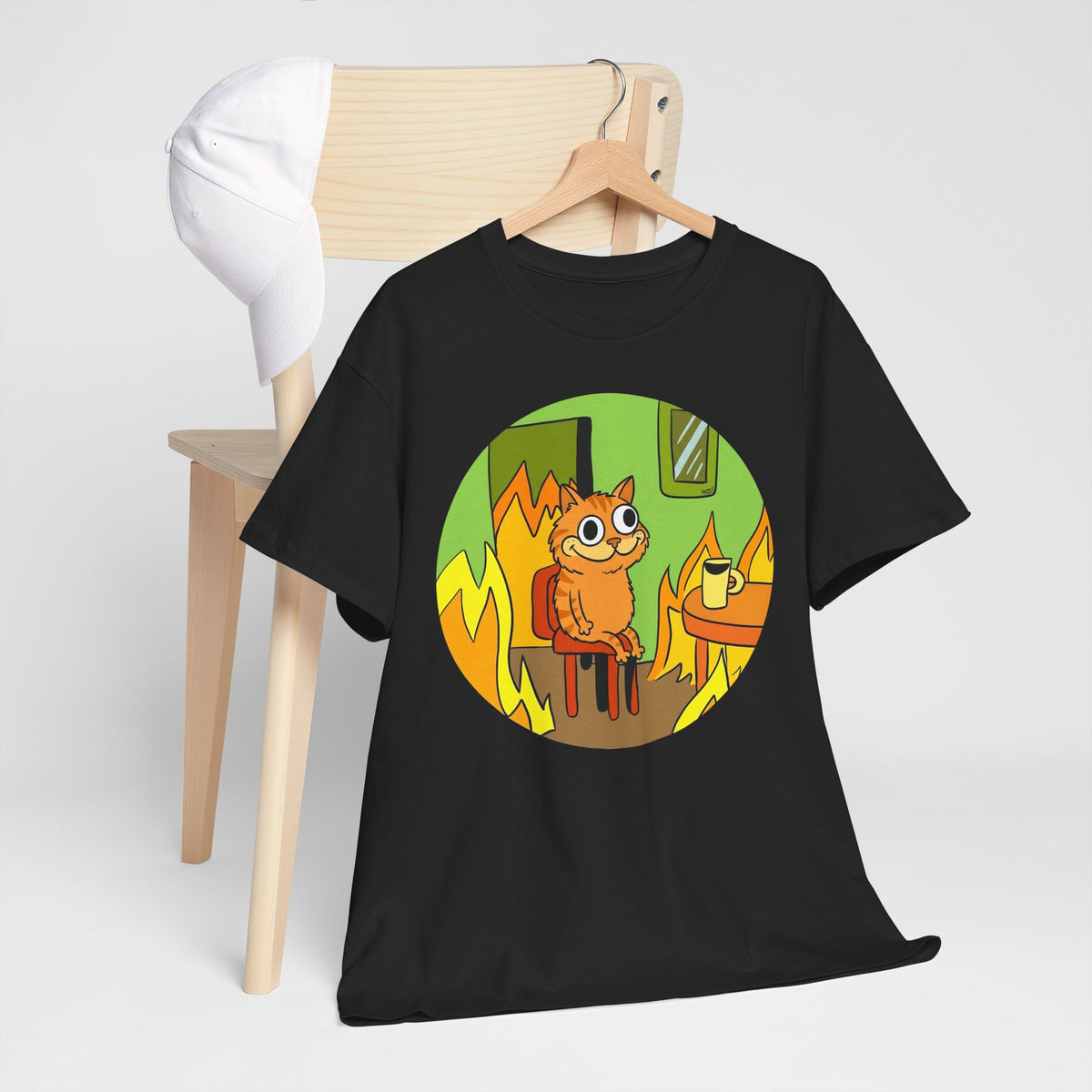 This Is Fine Orange Cat T-Shirt — Funny Meme Parody Feline Graphic Tee