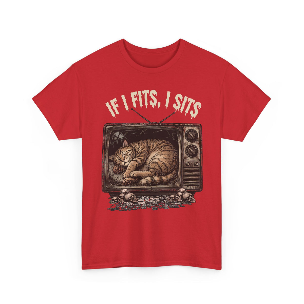 If I Fits I Sits Vintage TV Tabby Cat Shirt — Macabre Horror Meme T-Shirt