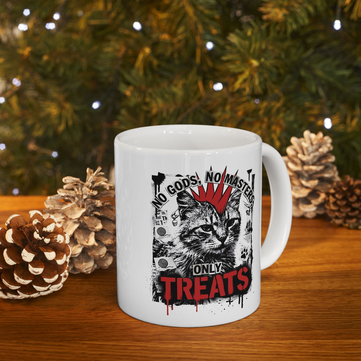 Punk Cat Mug — “No Gods No Masters, Only Treat” Graphic Ceramic Mug
