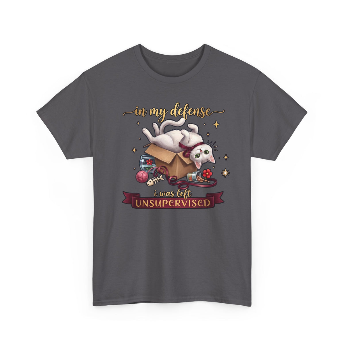 In My Defense I Was Left Unsupervised T-Shirt — Funny Cute White Cat Tee