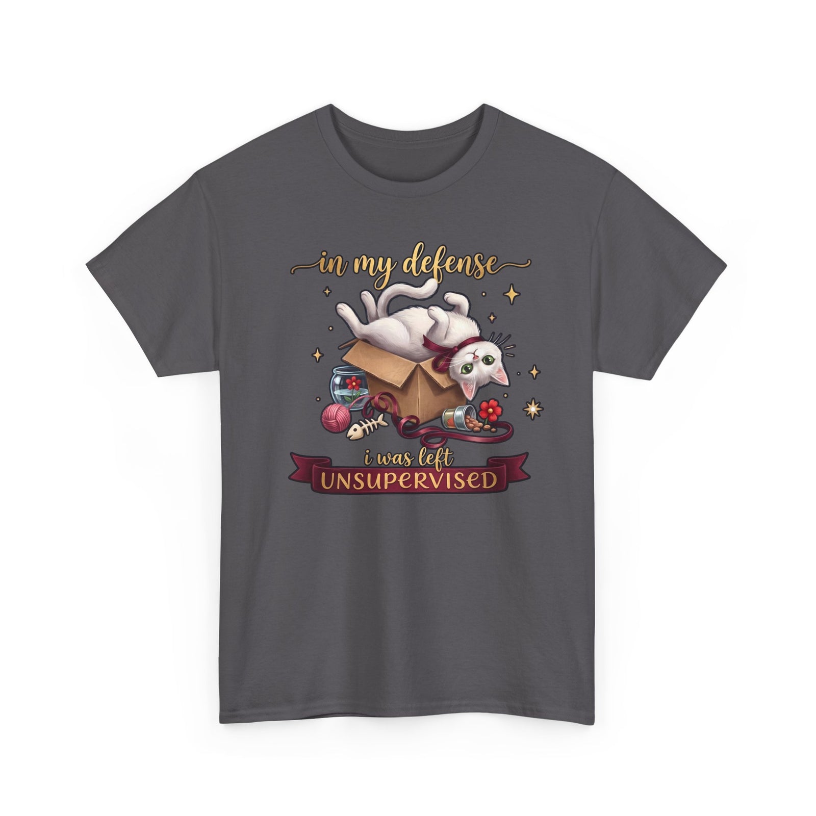 In My Defense I Was Left Unsupervised T-Shirt — Funny Cute White Cat Tee