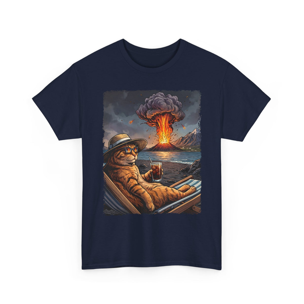 Unbothered Orange Cat Volcano T-Shirt — Funny Chaos Beach Lounging Tee