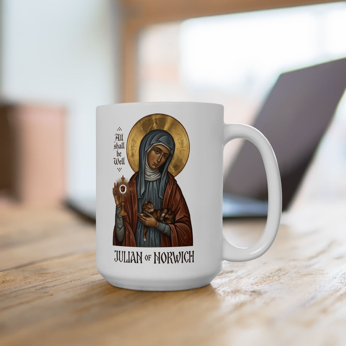 Julian of Norwich & Cat Ceramic Mug — Spiritual Saint Mug for Cat Lovers