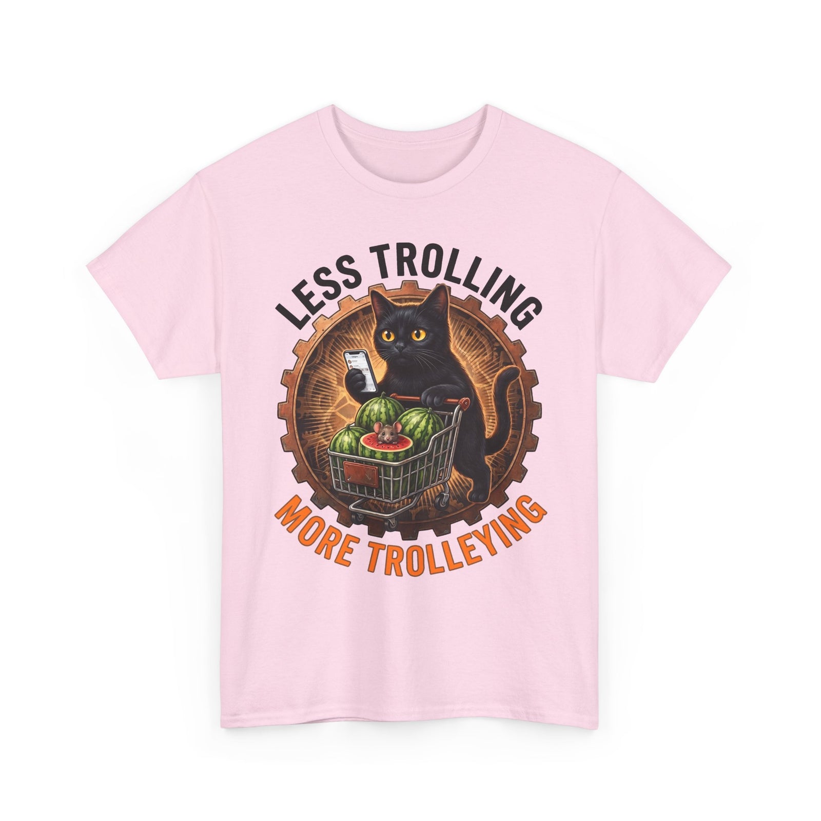 Less Trolling More Trolleying T-Shirt — Funny Black Cat Shopping Cart Pun Tee