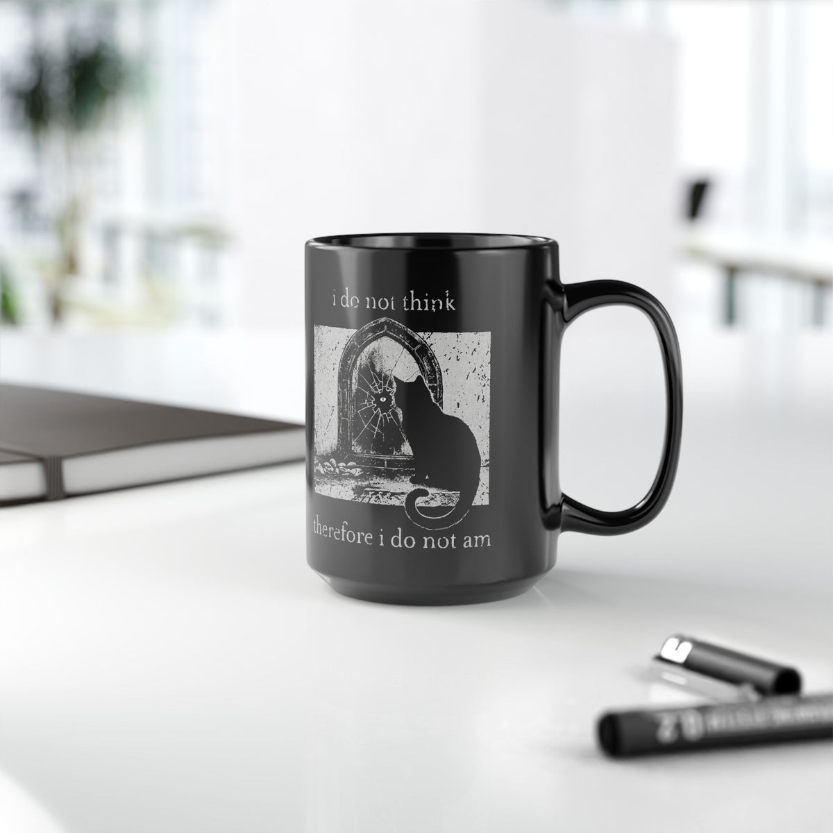 Vintage Black Cat Black Mug — "I Do Not Think Therefore I Do Not Am"