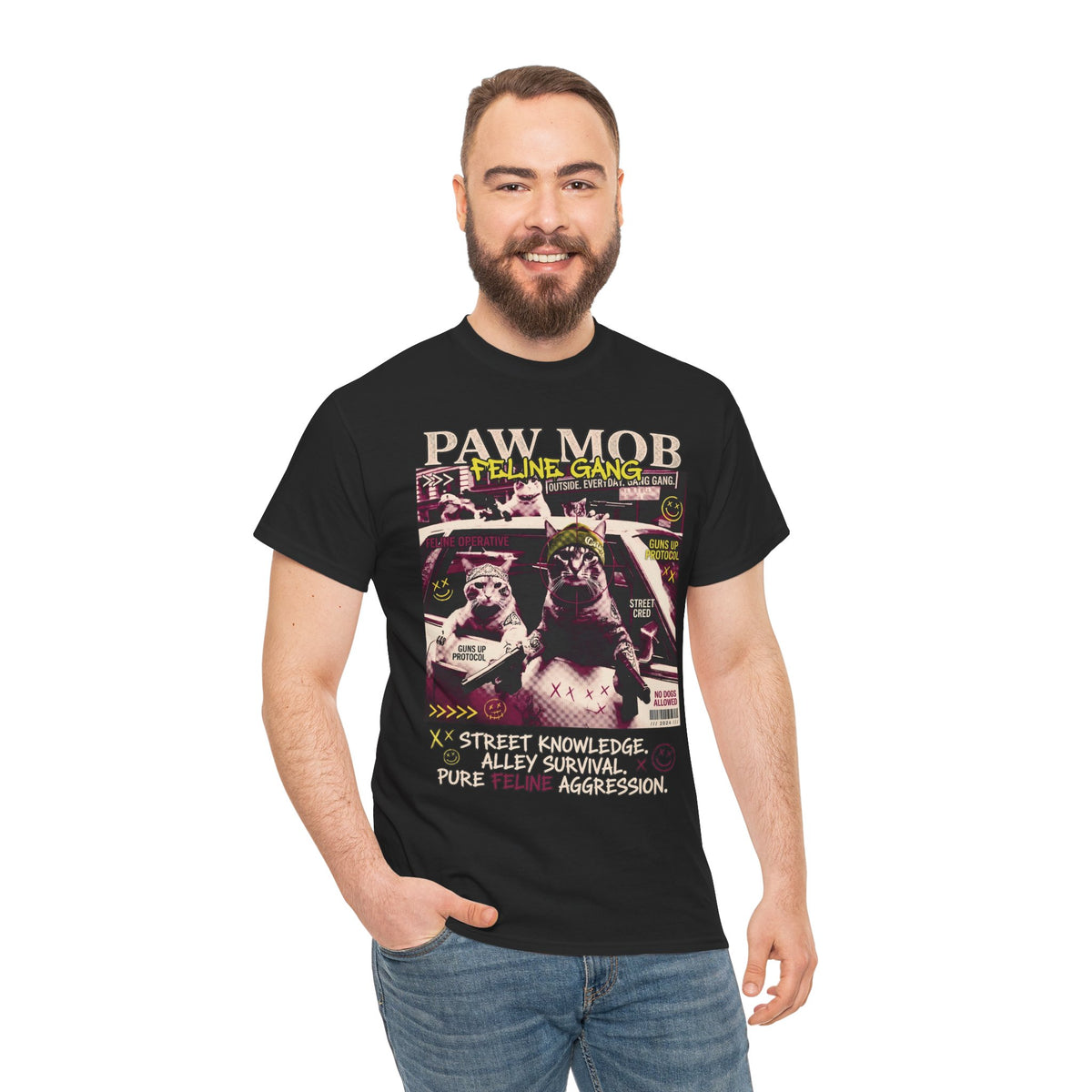 Paw Mob Feline Gang T-Shirt — Edgy Gangster Cat Streetwear Tee