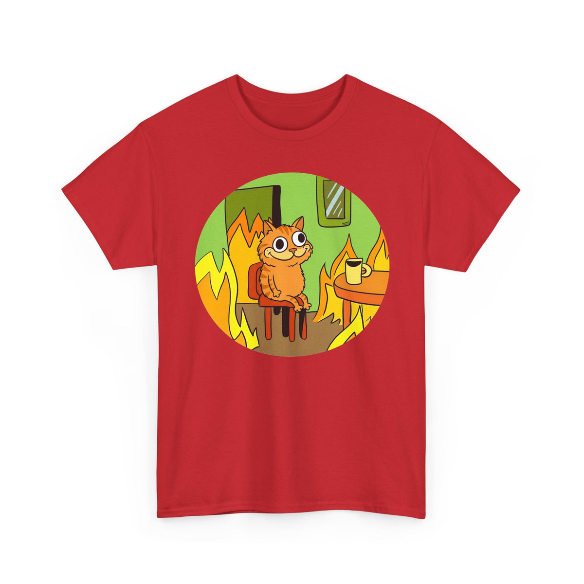 This Is Fine Orange Cat T-Shirt — Funny Meme Parody Feline Graphic Tee