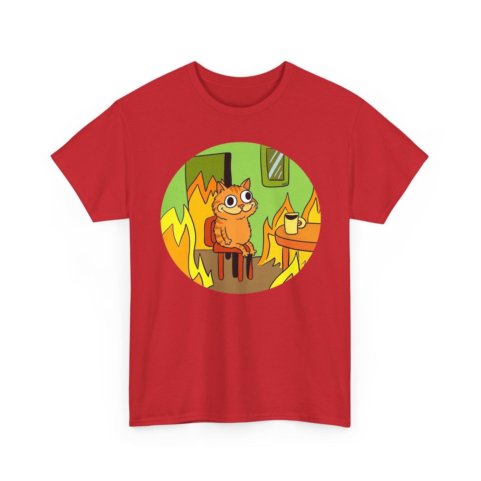 This Is Fine Orange Cat T-Shirt — Funny Meme Parody Feline Graphic Tee