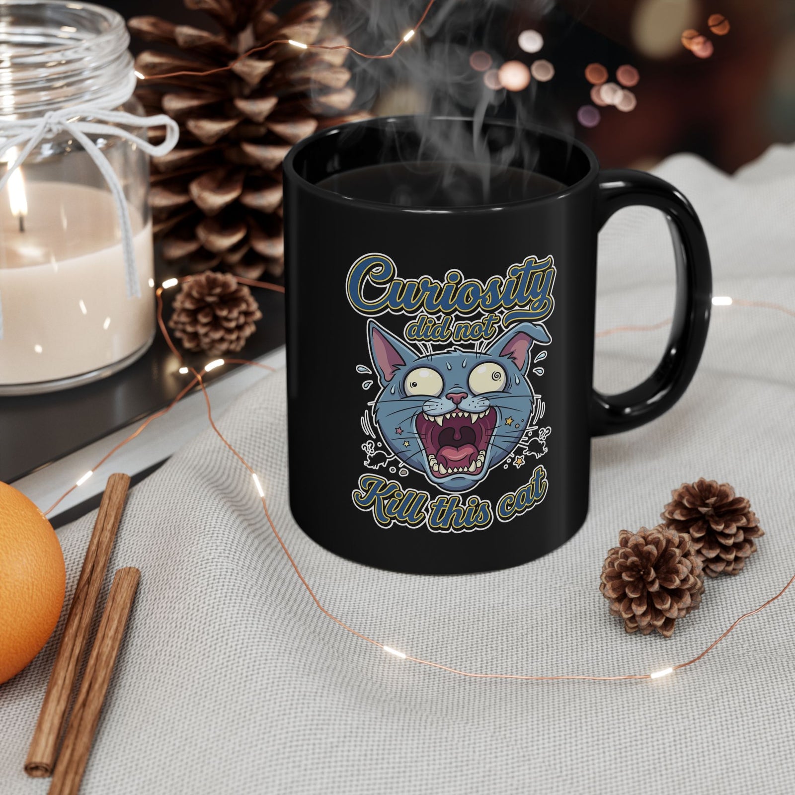 Curiosity Did Not Kill This Cat Black Mug — Funny Panicking Cat Mug