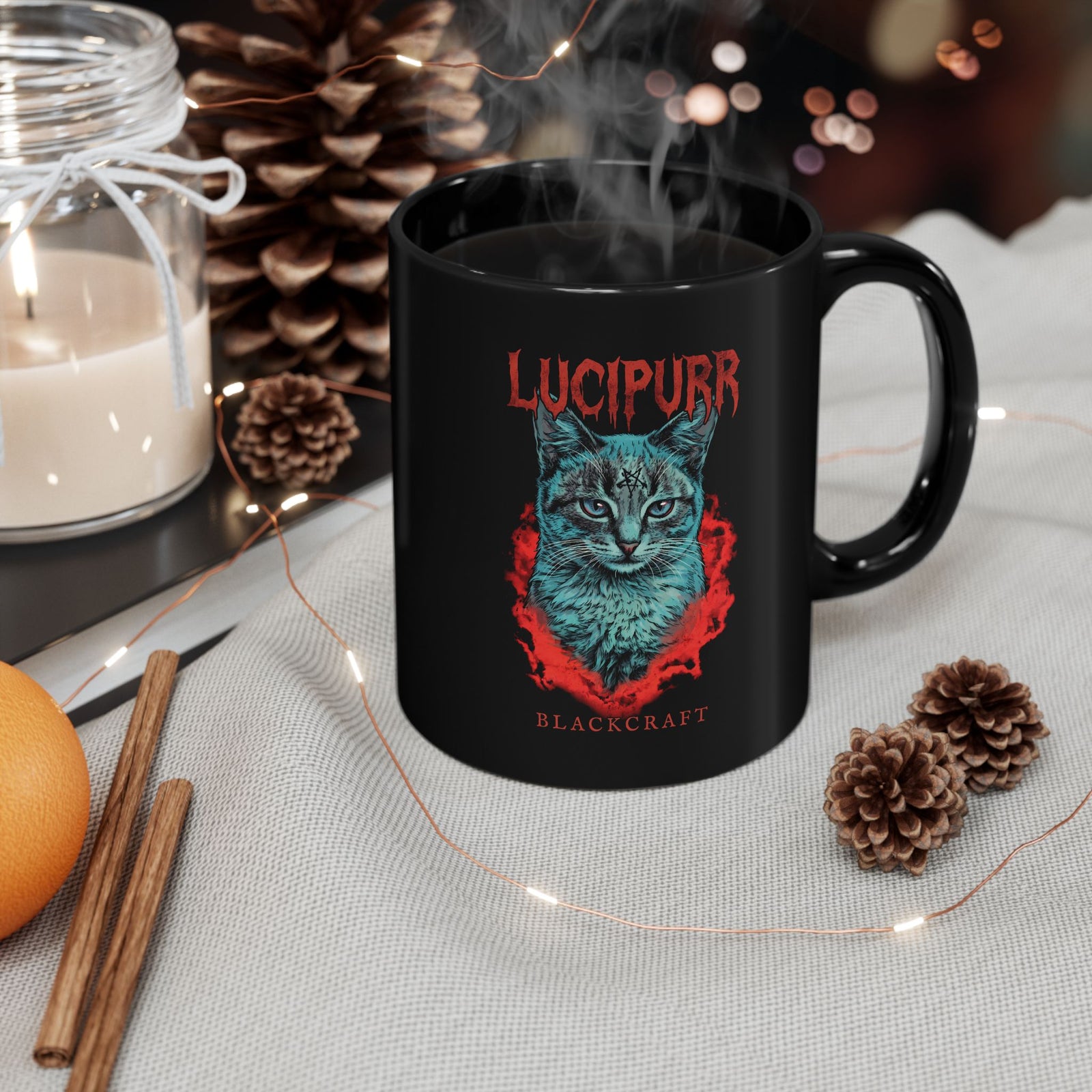 Lucipurr Blackcraft Black Mug — Edgy Heavy Metal Satanic Cat Graphic Mug