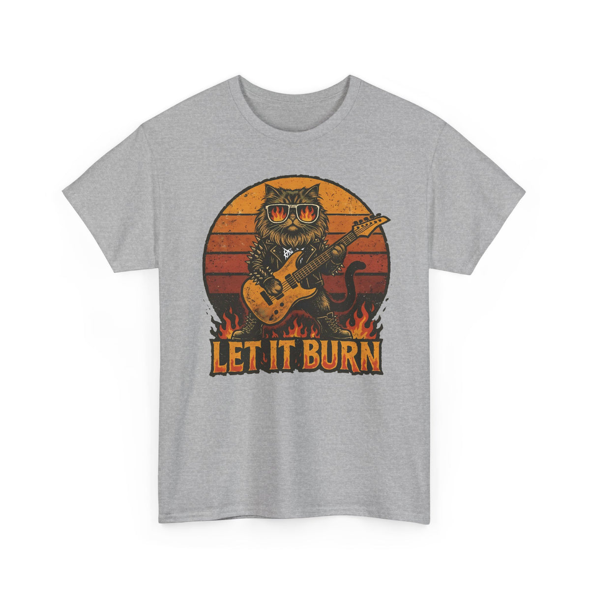 Let It Burn Rocker Cat T-Shirt — Heavy Metal Guitar Feline Graphic