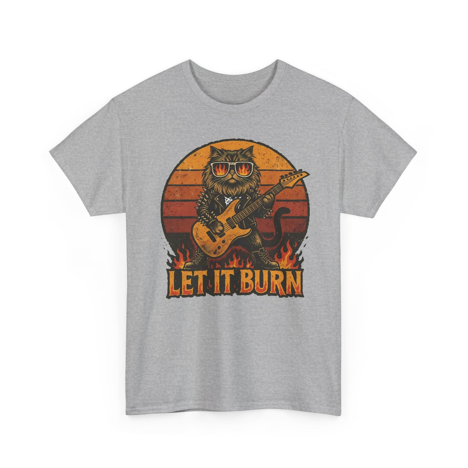 Let It Burn Rocker Cat T-Shirt — Heavy Metal Guitar Feline Graphic