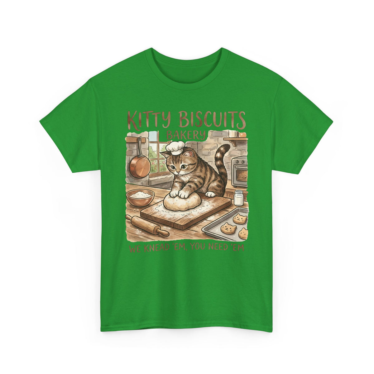 Kitty Biscuits Bakery T-Shirt — "We Knead 'Em We Need 'Em" Cat Bakery Tee