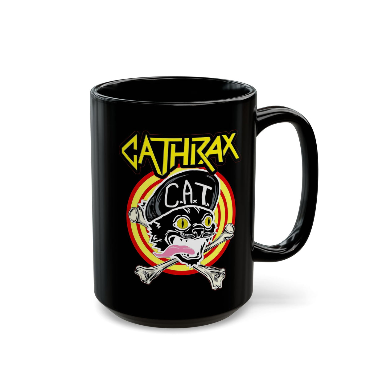 Cathrax Parody Cat Black Mug — Heavy Metal Band Cat Graphic Mug